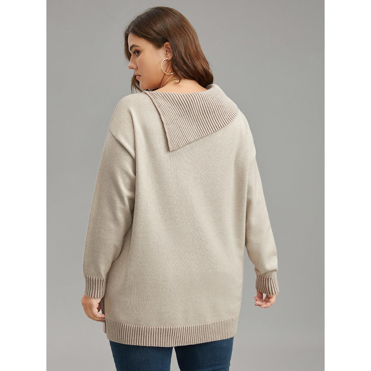 Plus Size Supersoft Essentials Asymmetrical Neck Button Detail Pullover LightBrown Women Casual Loose Long Sleeve Asymmetrical Neck Dailywear Pullovers BloomChic 22-24/3X Product Image