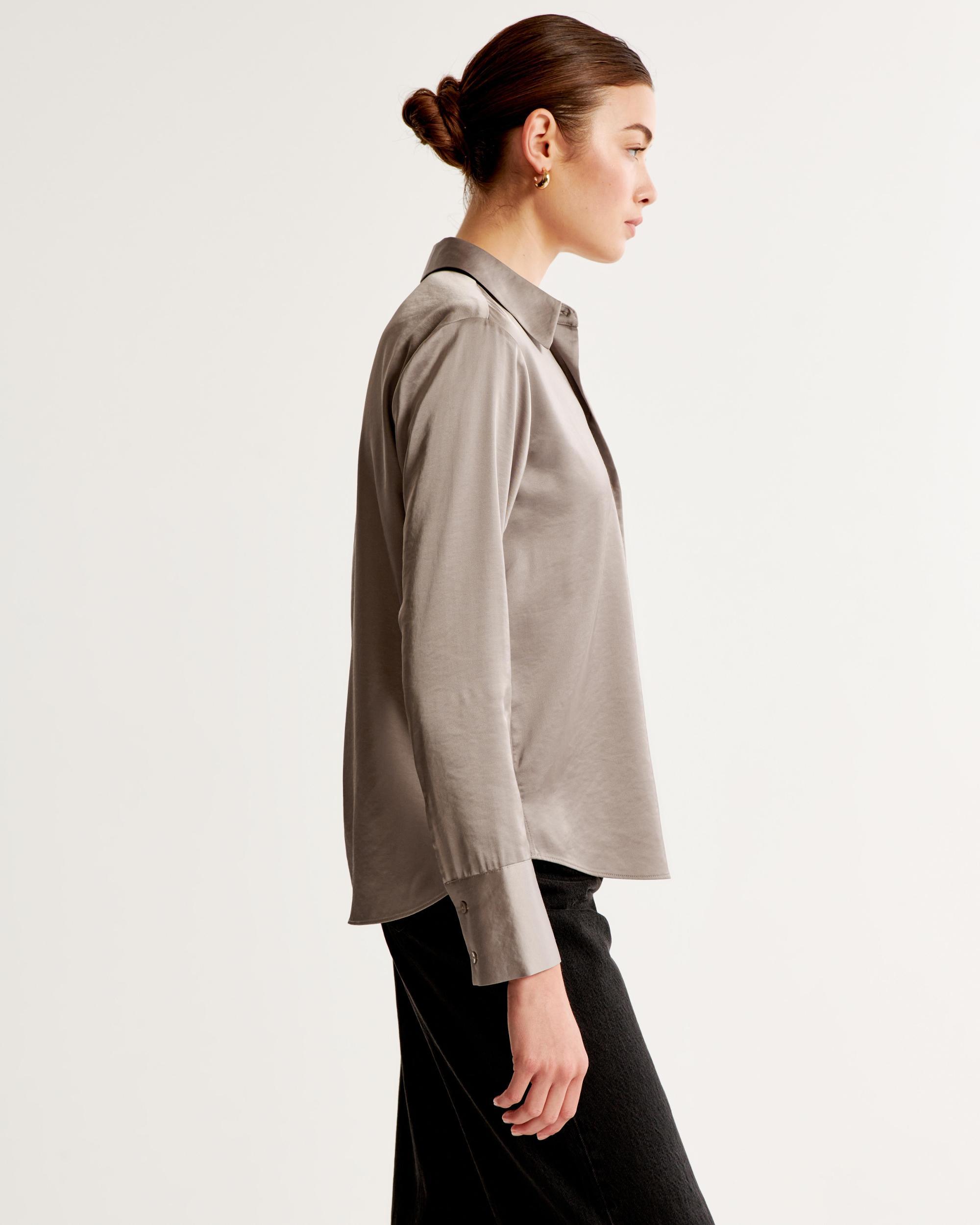 Long-Sleeve Satin Button-Up Shirt Product Image