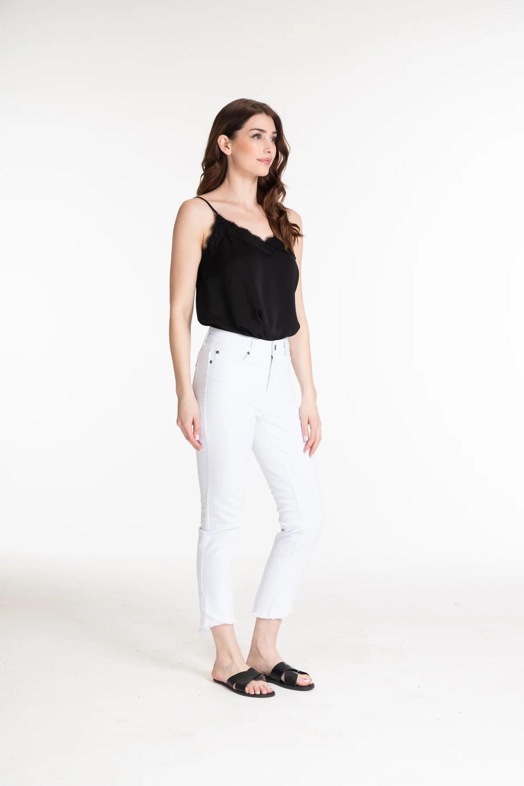 CONTOUR WAIST ASYMMETRICAL FRINGE HEM ANKLE JEAN - medium indigo only Female Product Image