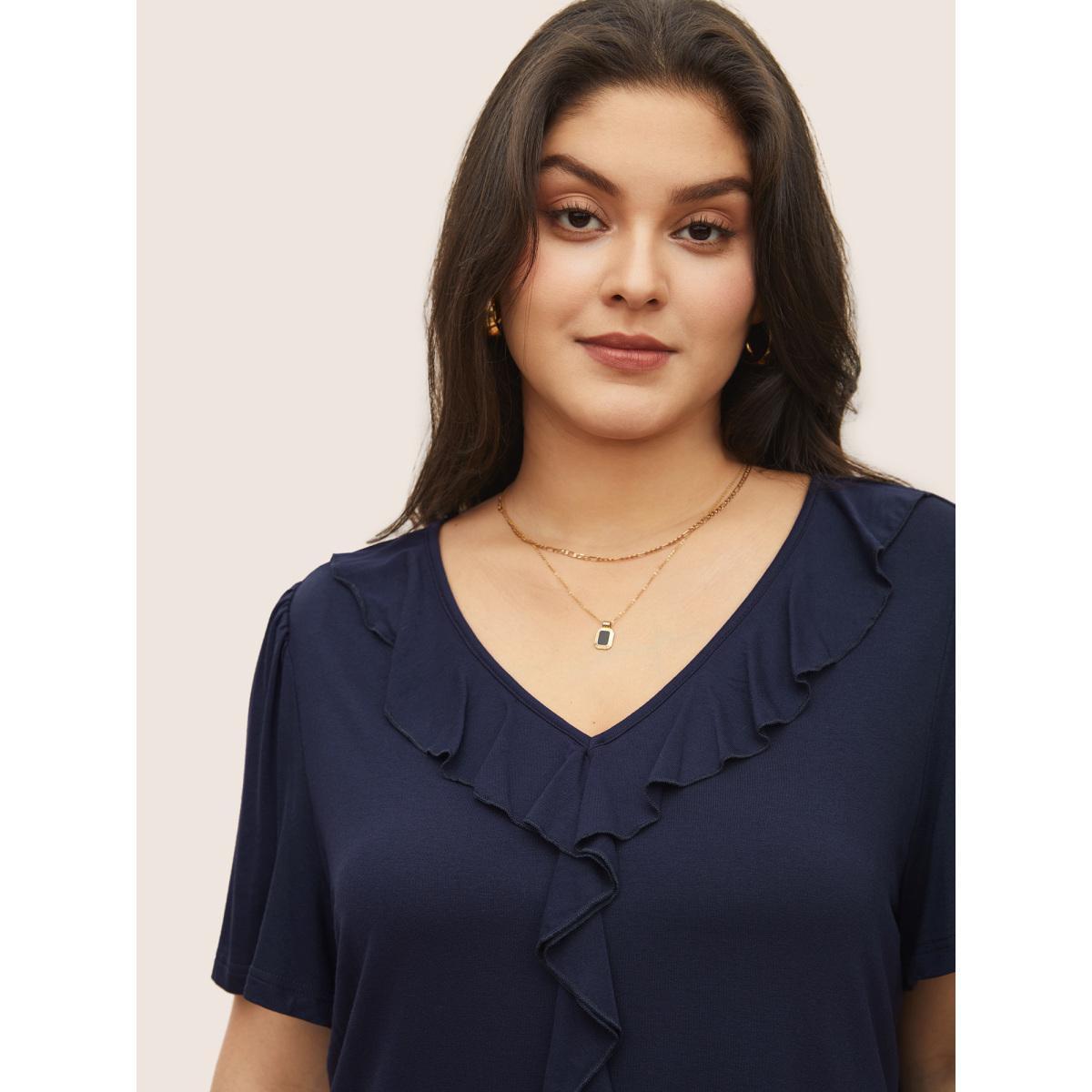 Plus Size Supersoft Essentials Solid Ruffle Trim T-shirt Indigo Women Elegant Non Plain V-neck Everyday T-shirts BloomChic 10/M Product Image