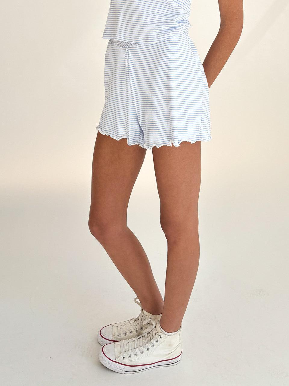 Blue Pinstripe Crossover Waist Lounge Shorts Product Image
