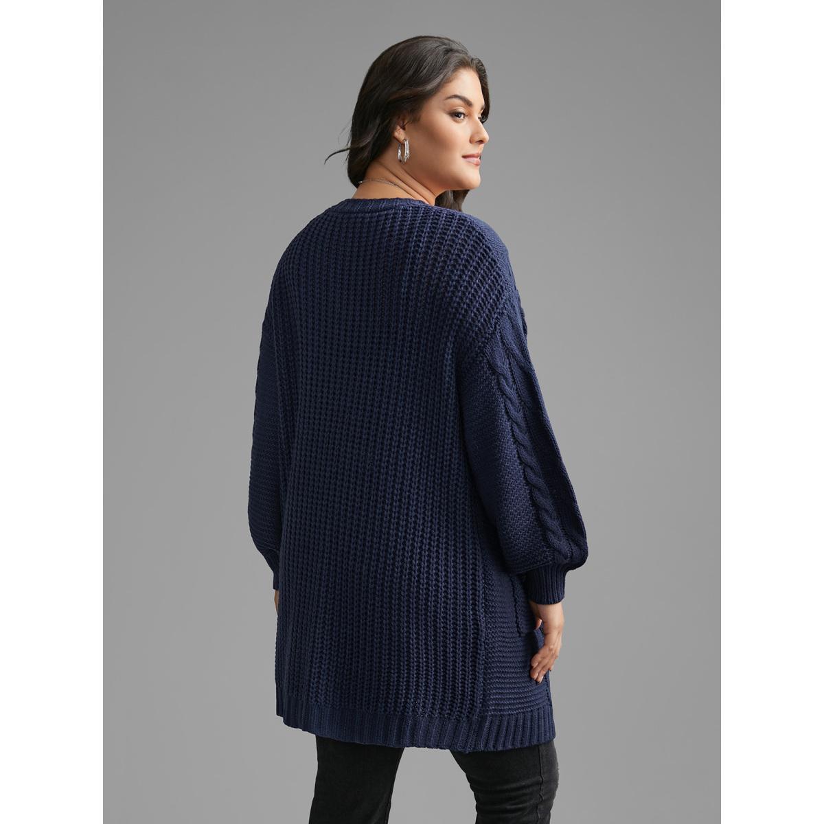 Plus Size Texture Cable Knit Patched Pocket Cardigan Indigo Women Casual Long Sleeve Everyday Cardigans BloomChic 18-20/2X Product Image