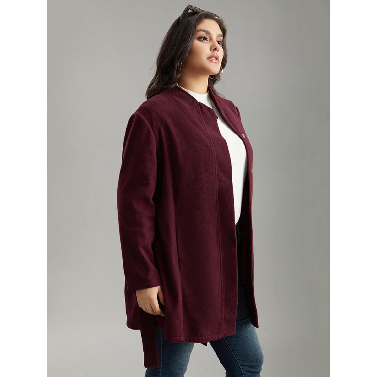 Plus Size Solid Button Fly Stand Collar Belted Pocket Coat Women Burgundy Casual Plain Ladies Everyday Winter Coats BloomChic 18-20/2X Product Image