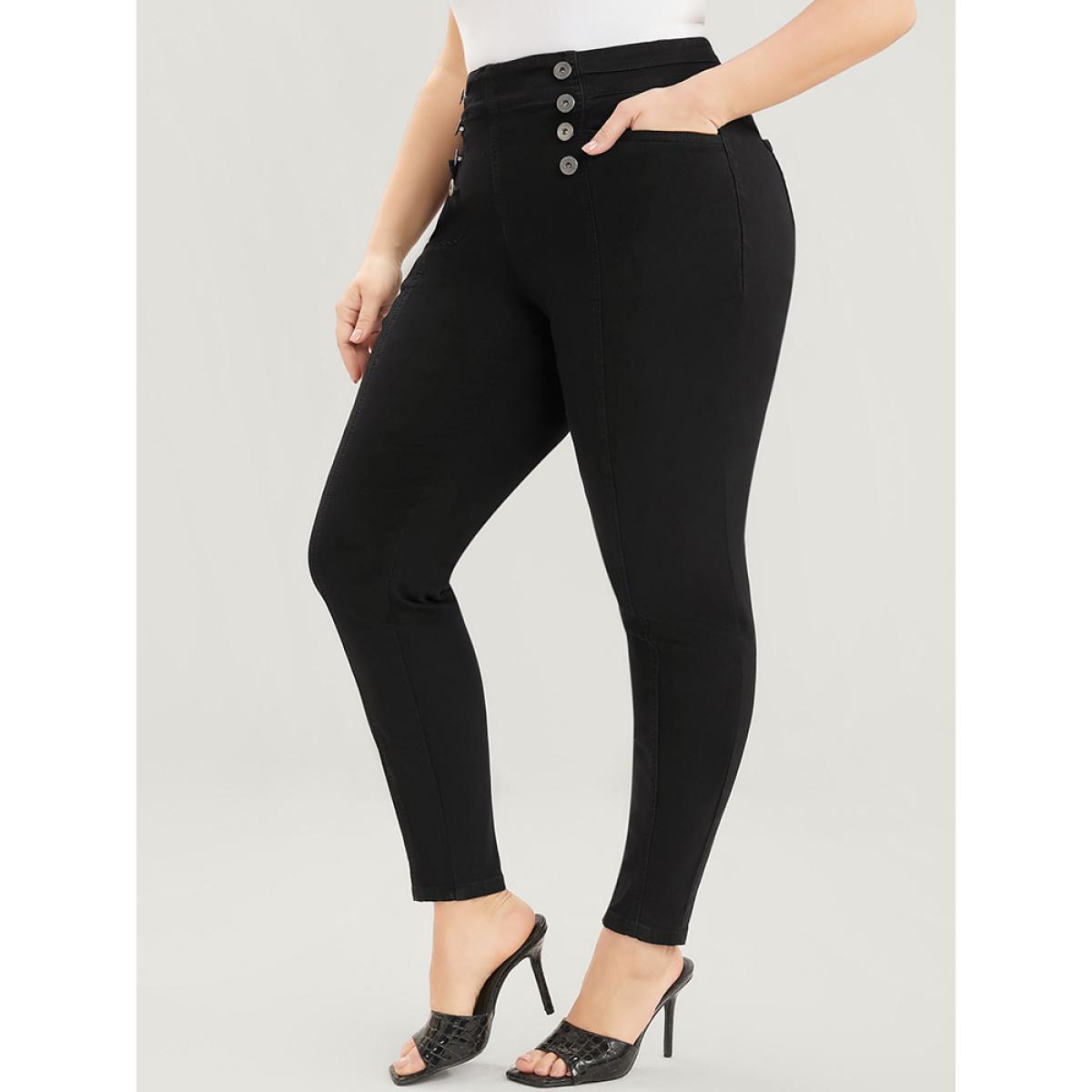 Plus Size Skinny Slightly Stretchy High Rise Black Wash Button Detail Pocket Jeans Women Black Casual Plain Plain Low stretch Pocket Jeans BloomChic 16/1X Product Image