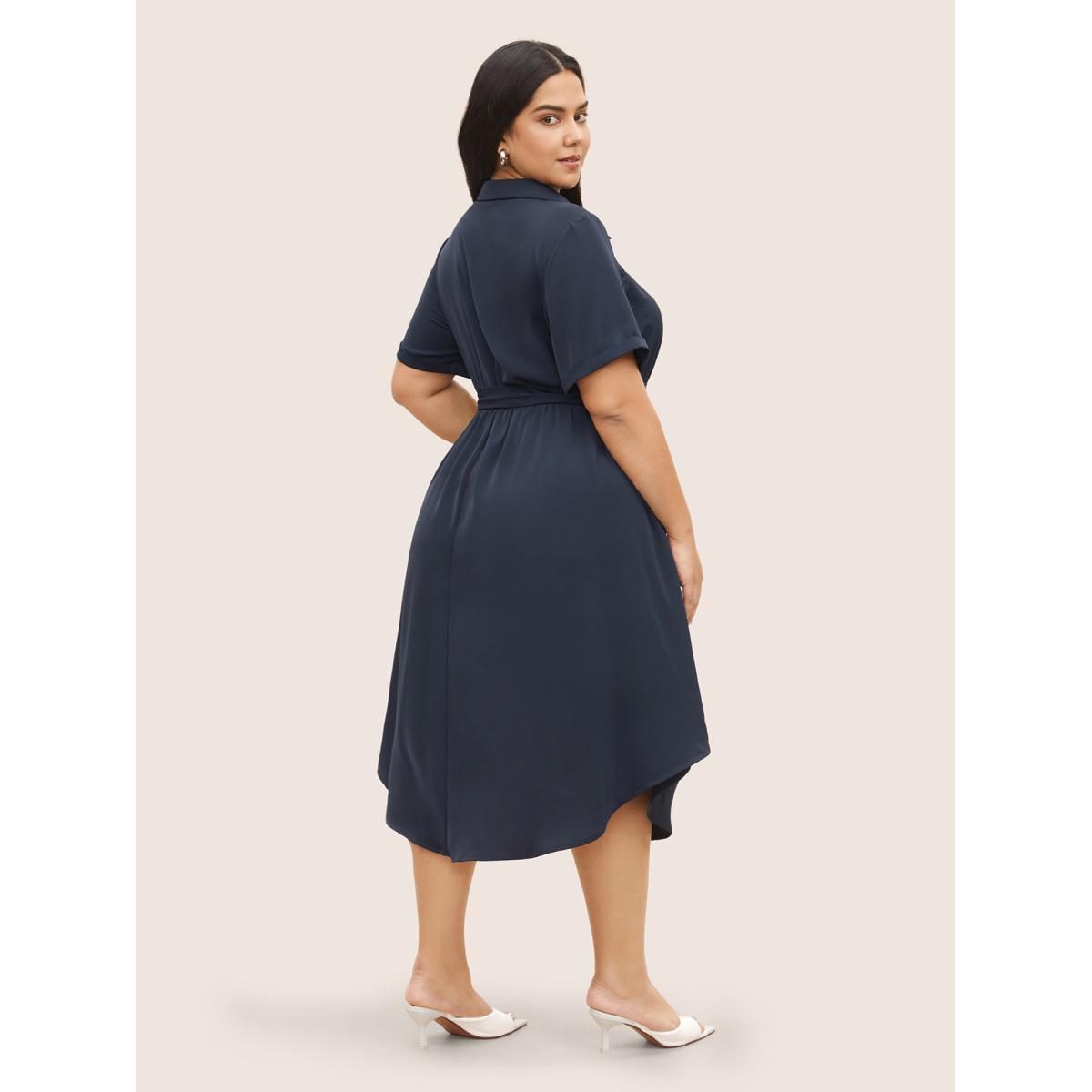 Plus Size Plain Lace Patchwork Belted Cuffed Sleeve Dress DarkBlue Women At the Office Non Shirt collar Short sleeve Curvy Midi Dress BloomChic 22-24/3X Product Image