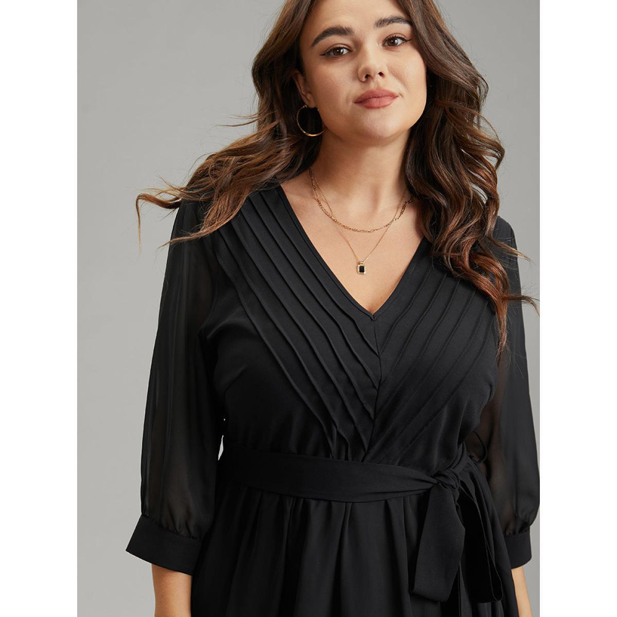 Plus Size Mesh Patchwork Belted Pleated Dress Black Women Elegant Lined V-neck Elbow-length sleeve Curvy Midi Dress BloomChic 26/4X Product Image