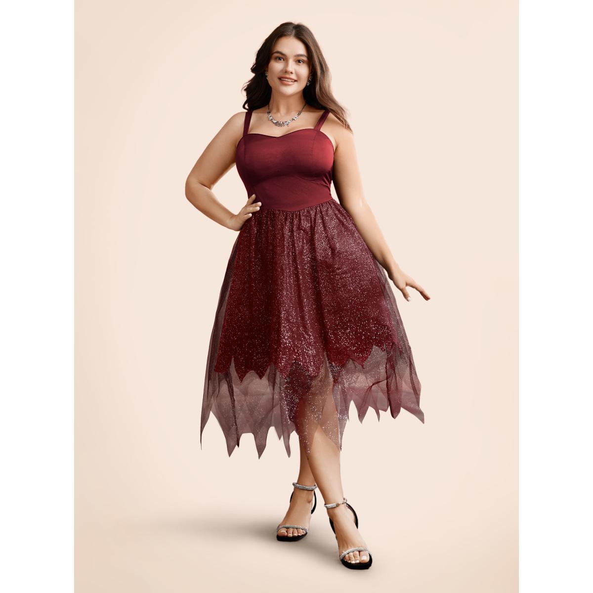 Plus Size Enchanted Shiny Mesh Petal Hem Midi Dress Burgundy Women Cocktail Texture Party Curvy Bloomchic 18-20/2X Product Image