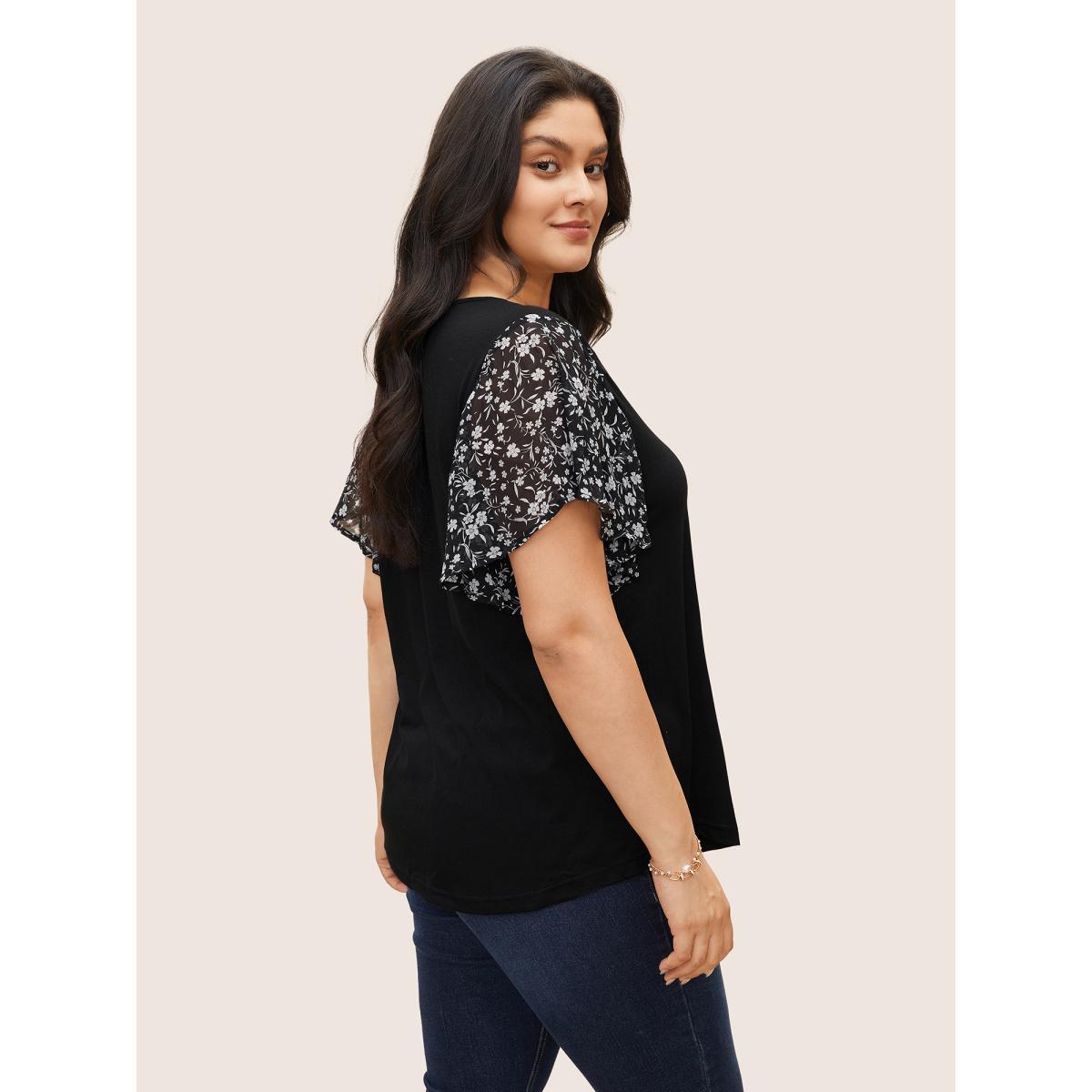 Plus Size Ditsy Floral Ruffle Sleeve Round Neck T-Shirt Black Women Elegant Ditsy Floral Everyday T-shirts BloomChic 28/5X Product Image