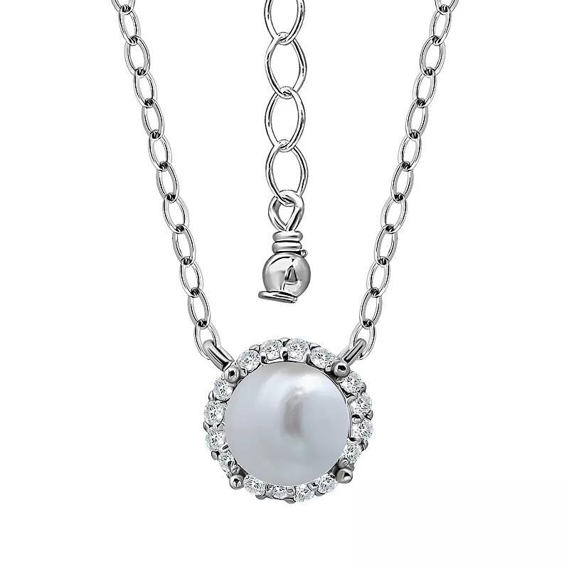 Aleure Precioso Sterling Silver Freshwater Cultured Pearl & Cubic Zirconia Halo Pendant Necklace, Women's, Silver Tone Product Image
