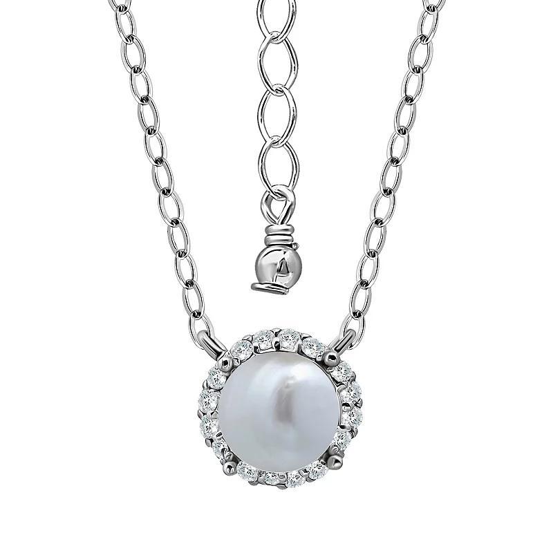 Aleure Precioso Sterling Silver Freshwater Cultured Pearl & Cubic Zirconia Halo Pendant Necklace, Women's, Silver Tone Product Image