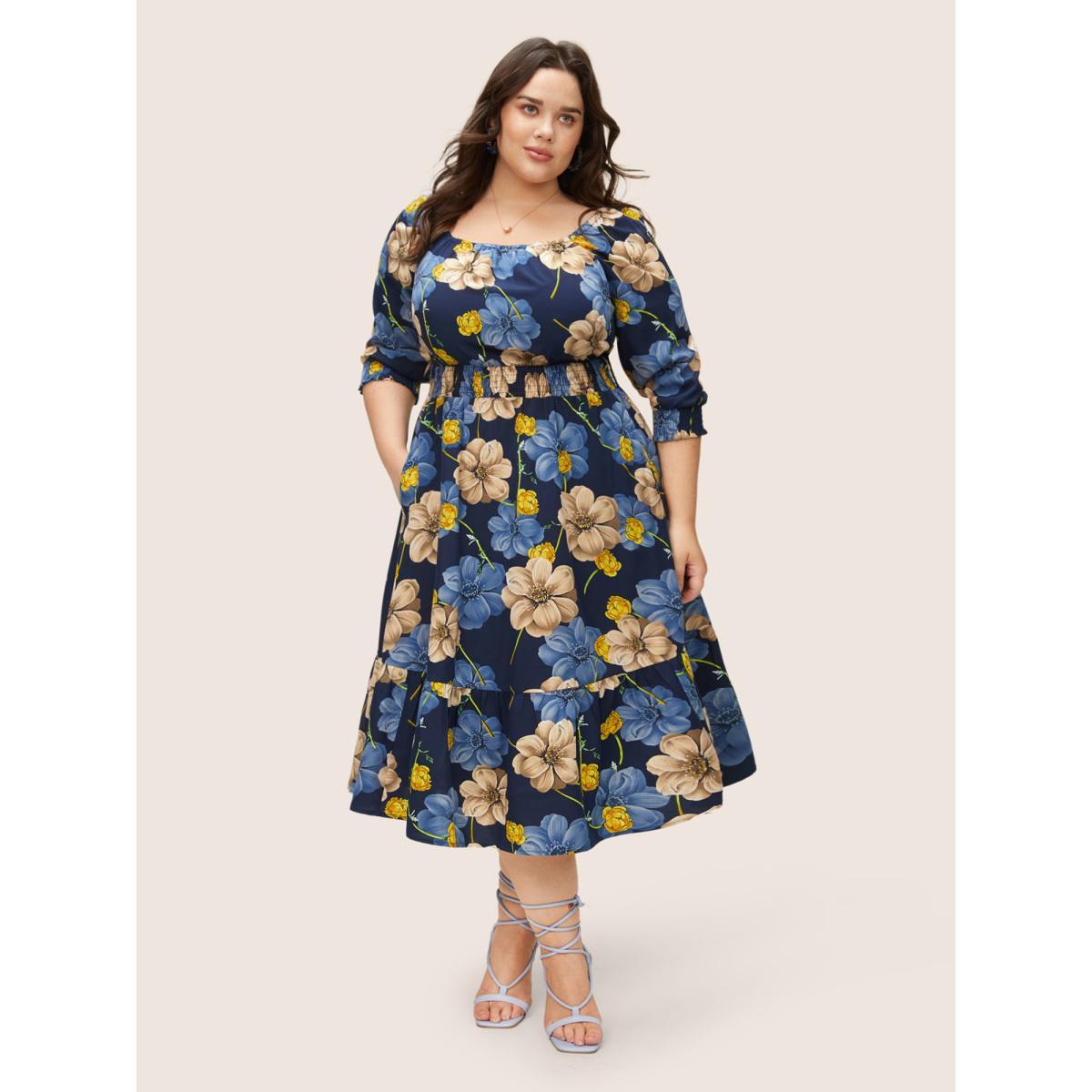 Plus Size Floral Print Square Neck Shirred Cuffs Dress DarkBlue Women Elegant Non Square Neck Elbow-length sleeve Curvy Midi Dress BloomChic 30/6X Product Image