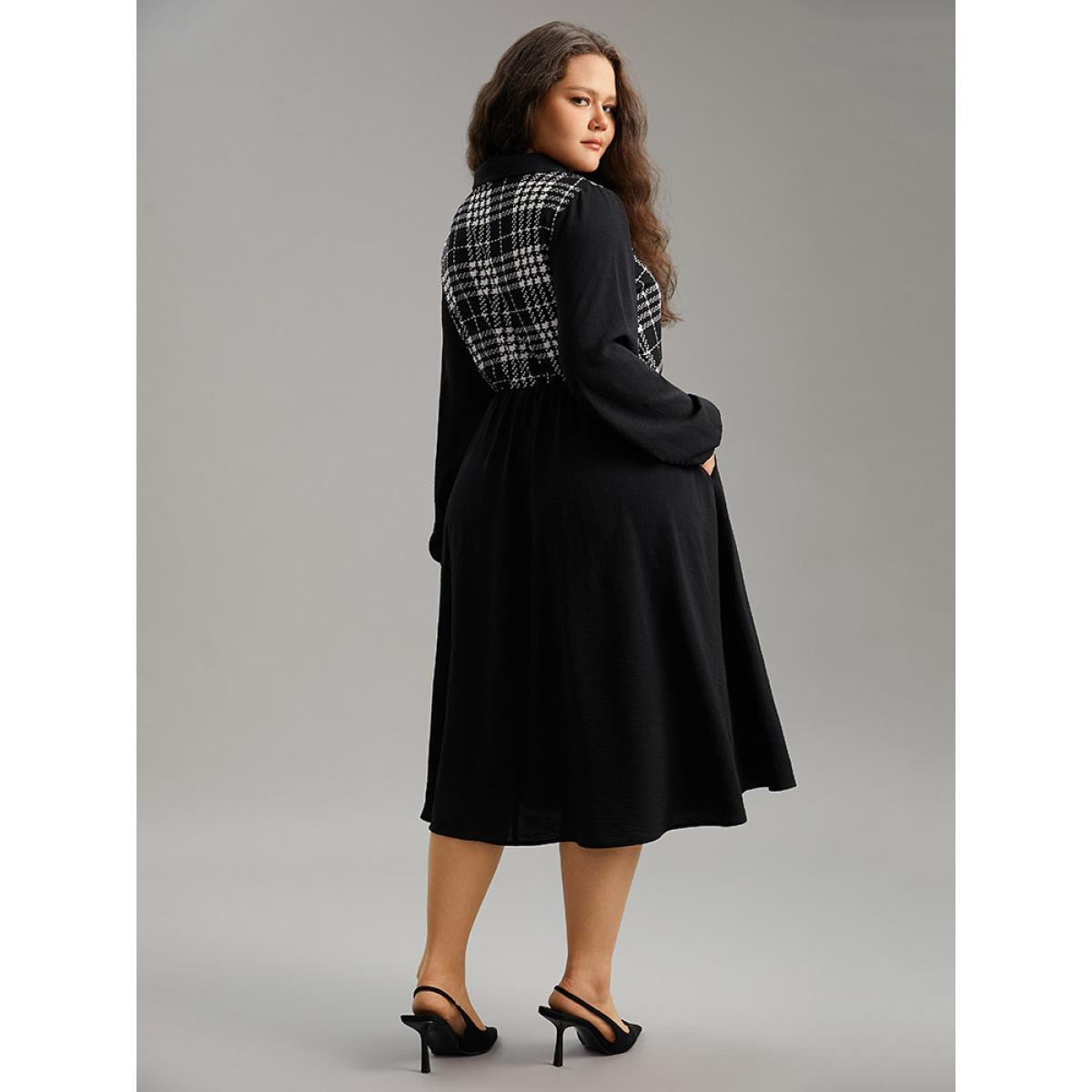 Plus Size Plaid Patchwork Lapel Collar Pocket Dress Black Women Office Patchwork Lapel Collar Long Sleeve Curvy Midi Dress BloomChic 12/L Product Image