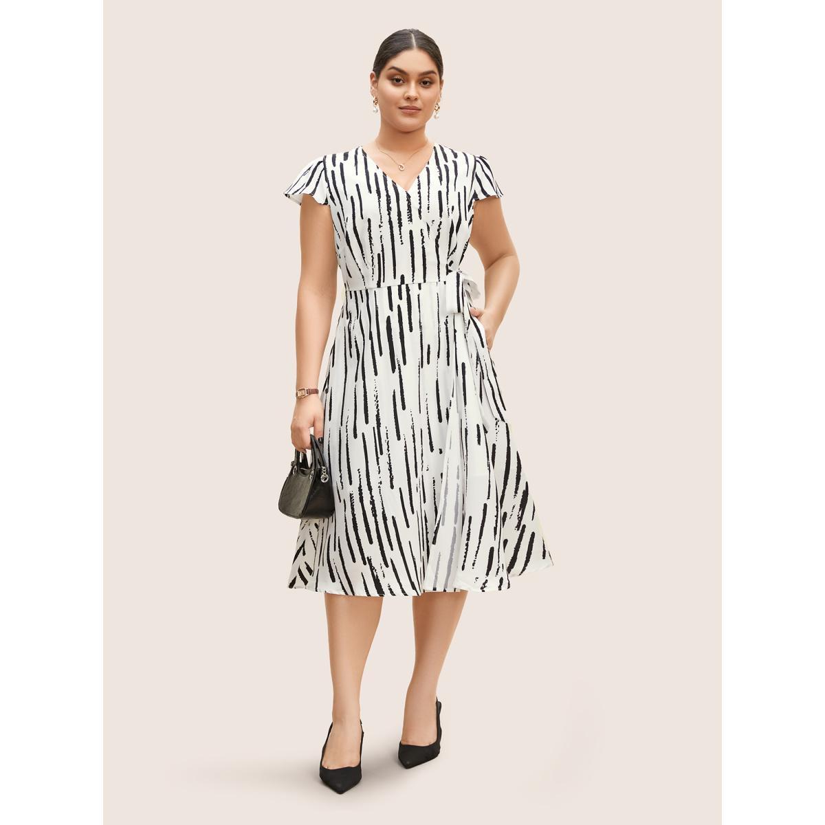 Plus Size Striped Wrap Tie Knot Cap Sleeve Midi Dress Originalwhite Women At the Office Tie knot V-neck Cap Sleeve Curvy BloomChic 22-24/3X Product Image