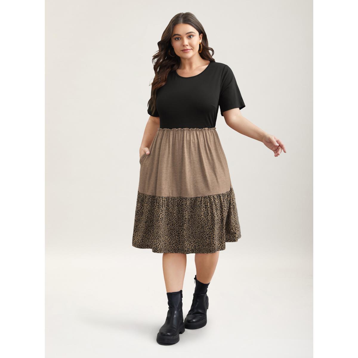 Plus Size Leopard Print Color-Block Pockets Midi Dress Multicolor Women Casual Frill Trim Knit Dresses Bloomchic 18-20/2X Product Image