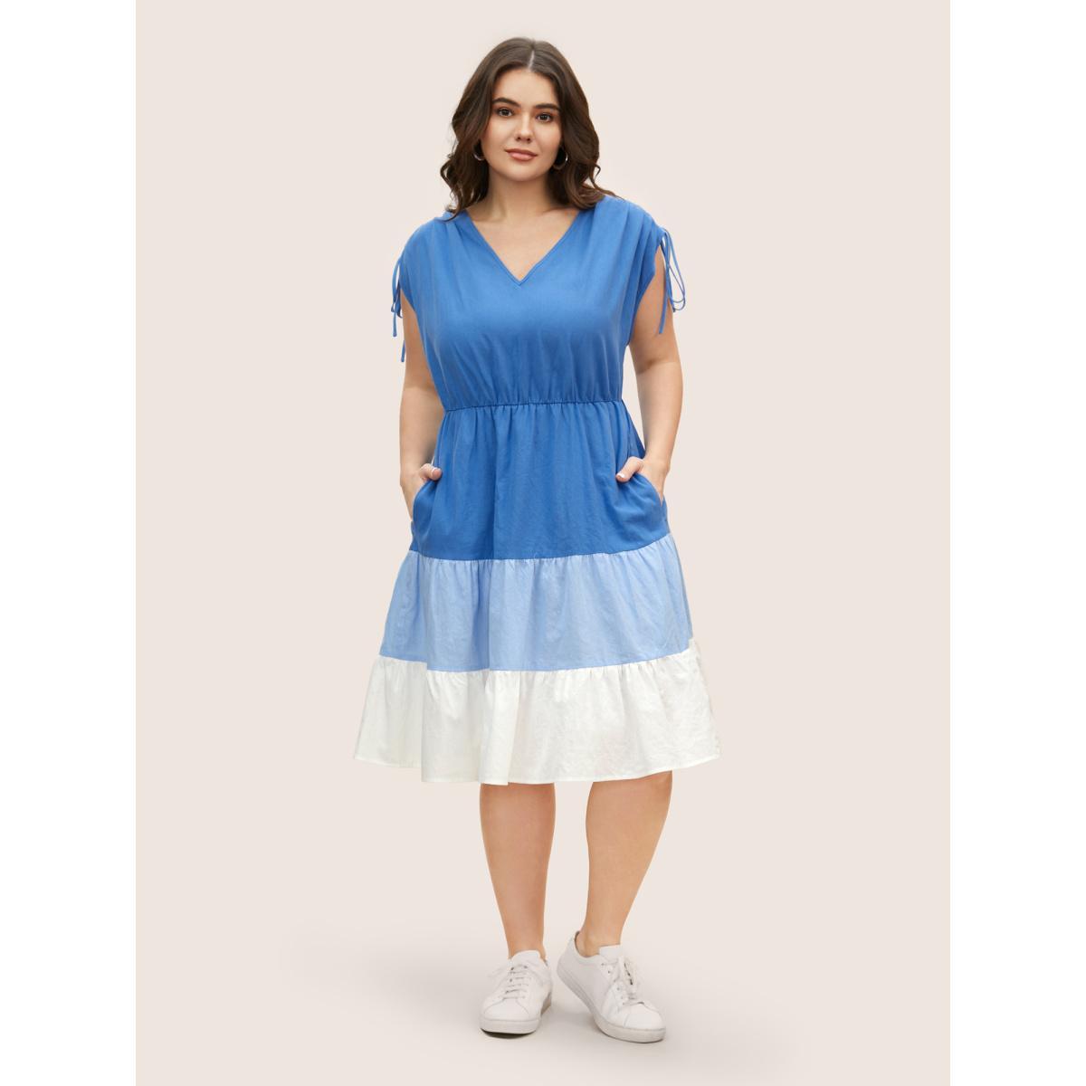 Plus Size V Neck Colorblock Contrast Drawstring Dress Brightblue Women Casual Contrast V-neck Sleeveless Curvy BloomChic 10/M Product Image