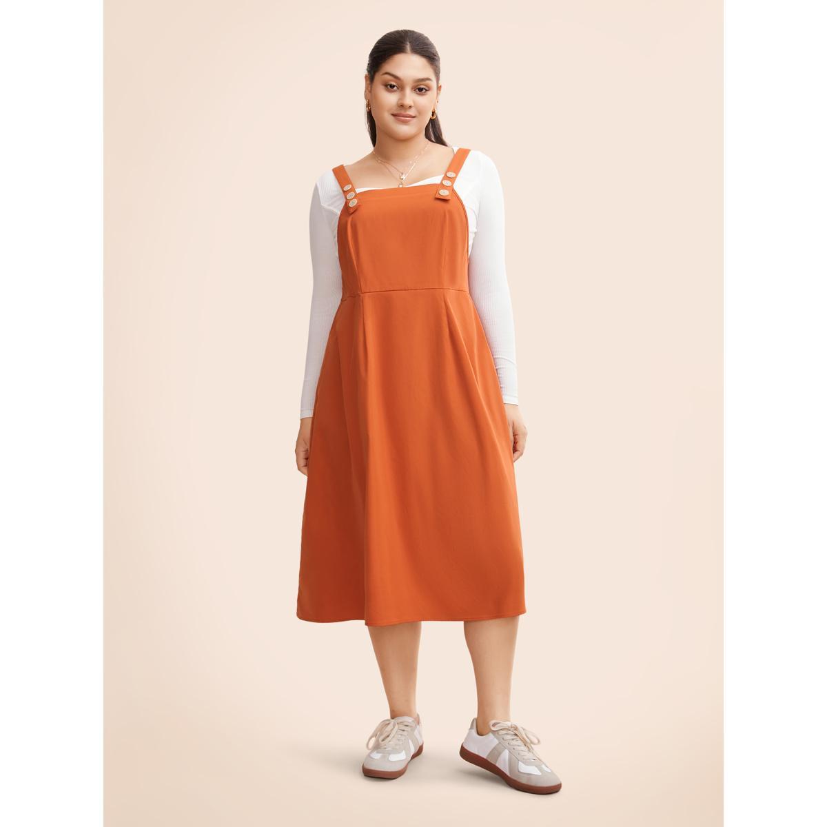 Plus Size Suspender Skirt Style Midi Dress OrangeRed Women Casual Button Non Sleeveless Curvy BloomChic 12/L Product Image