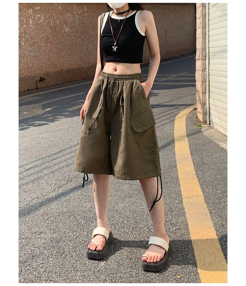 Drawstring Waist Plain Cargo Shorts Product Image