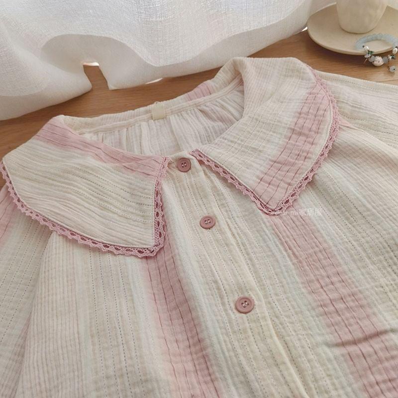 Pajama Set: Long-Sleeve Peter Pan Collar Striped Lace Trim Button-Up Top + Pants Product Image
