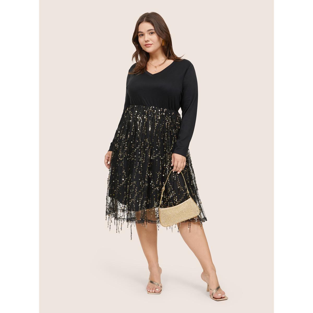 Plus Size Patchwork Sequin Mesh Tassel Trim Dress Black Women Cocktail Sequin V-neck Long Sleeve Curvy Knee Dress BloomChic 28/5X Product Image