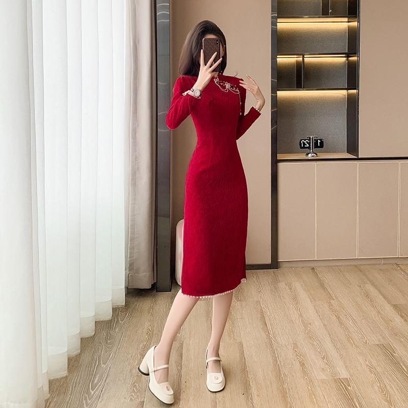 Long Sleeve Mandarin Collar Faux Pearl Trim Cutout Slit Midi Sheath Dress Product Image