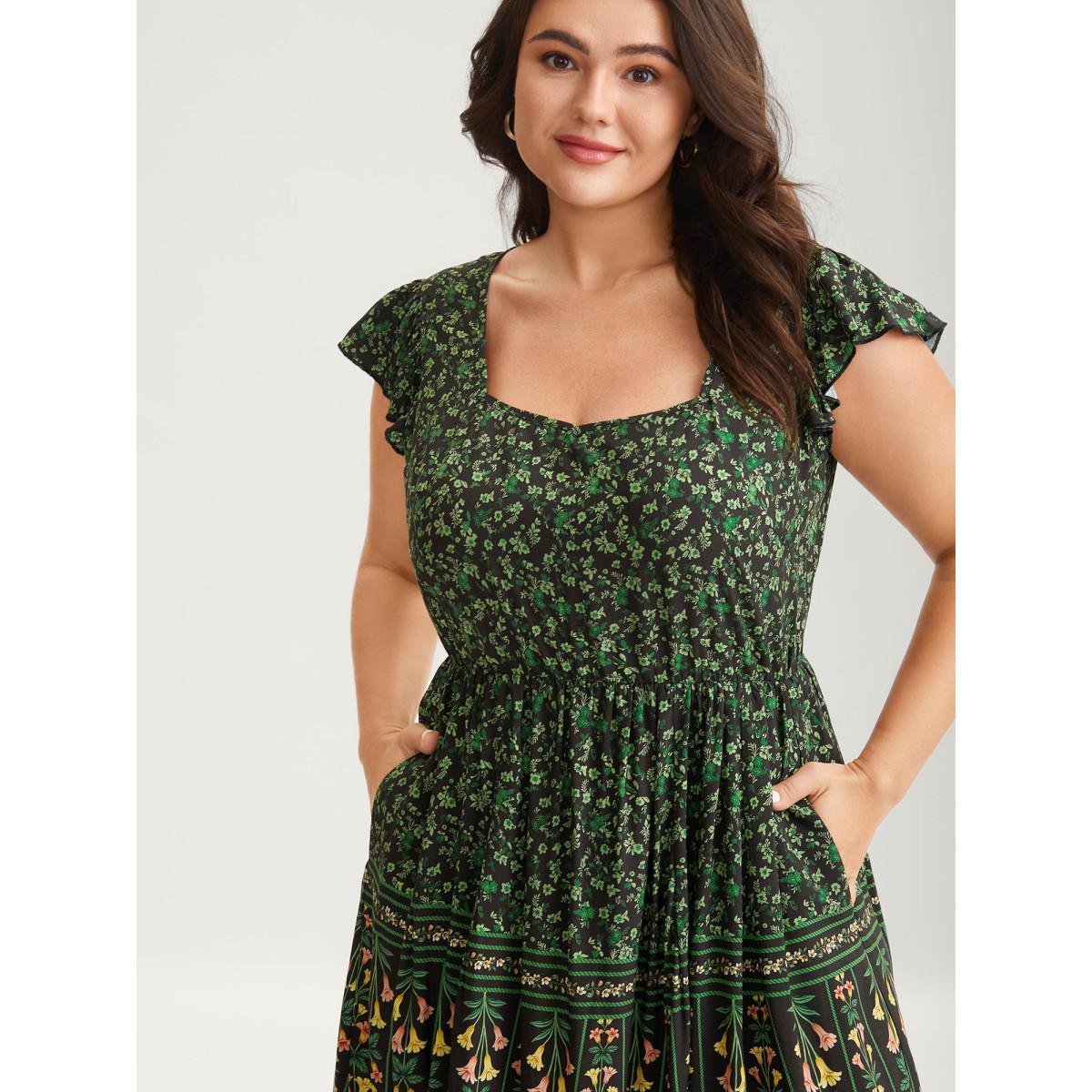 Plus Size Rayon Garden Fresh Ruffled Sleeve Midi Dress DarkGreen Women Heart neckline Cap Sleeve Curvy BloomChic 14-16/1X Product Image