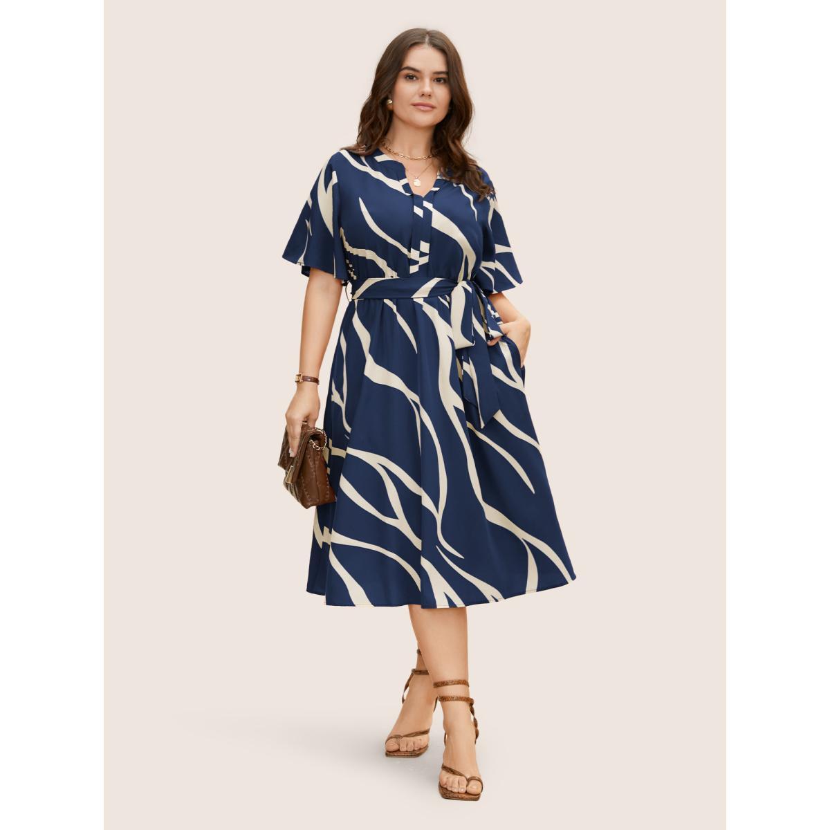 Plus Size Geometric Surplice Neck Tie Knot Midi Dress Navy Women At the Office Belted Flat collar with V-notch Short sleeve Curvy BloomChic 18-20/2X Product Image