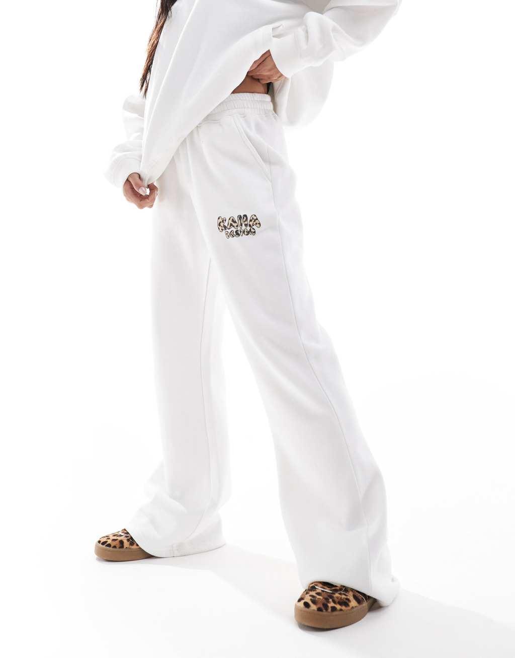Kaiia wide leg leopard logo sweatpants in cream - part of a set Product Image