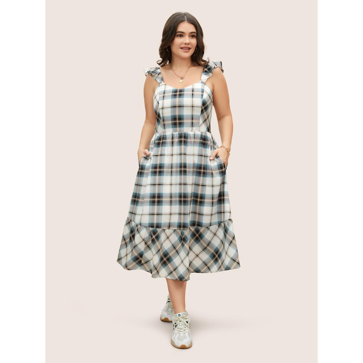 Plus Size Plaid Ruffle Trim Patchwork Hem Dress LightBlue Women Casual Shirred Non Sleeveless Curvy BloomChic 10/M Product Image