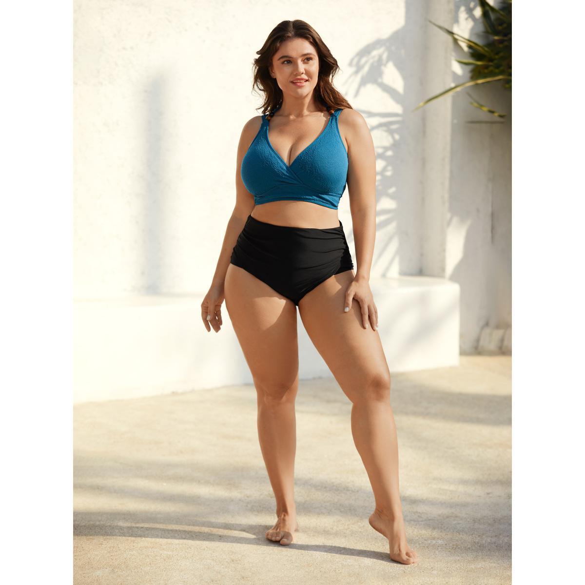 Plus Size Surplice Neck Textured Lace Swim Top Women's Swimwear Aegean Beach Tie knot High stretch Skinny Overlap Collar Curve Swim Tops BloomChic 30/6X Product Image