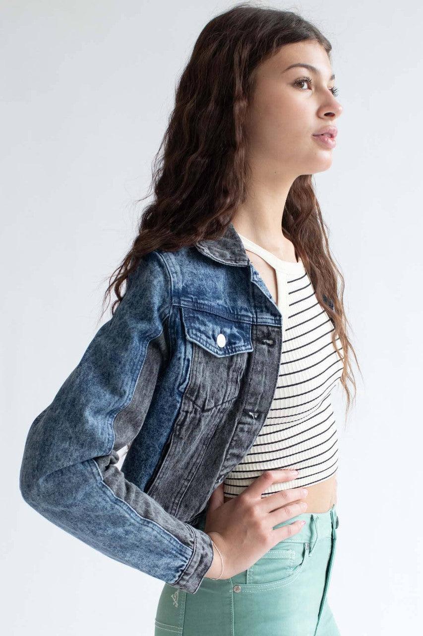 Black Color Blocked Denim Jacket Product Image