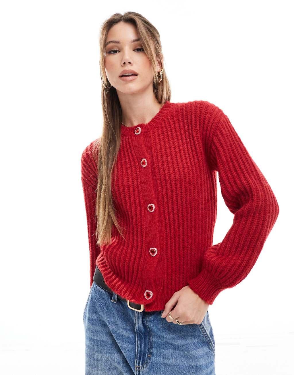 The Frolic exclusive volume sleeve Amour embroidered back detail heart button cardigan in red Product Image