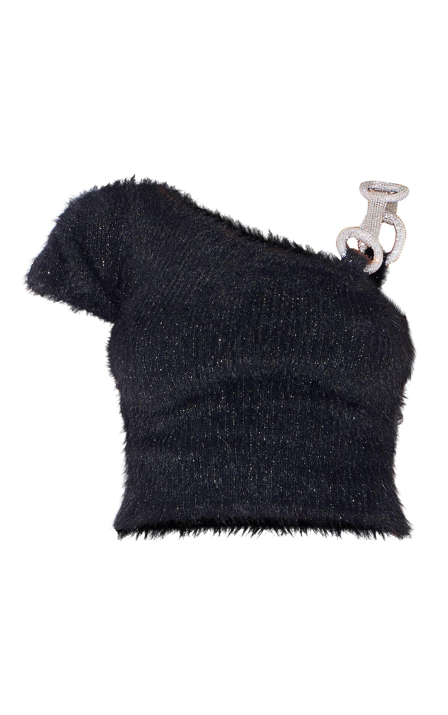 Black Eyelash Knit Silver Chain Trim Asymmetric Top Product Image