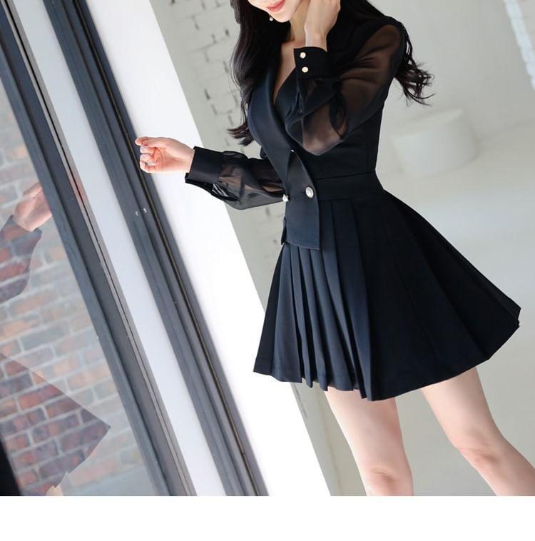 Long-Sleeve Plain Pleated Double-Breasted Mini A-Line Blazer Dress Product Image