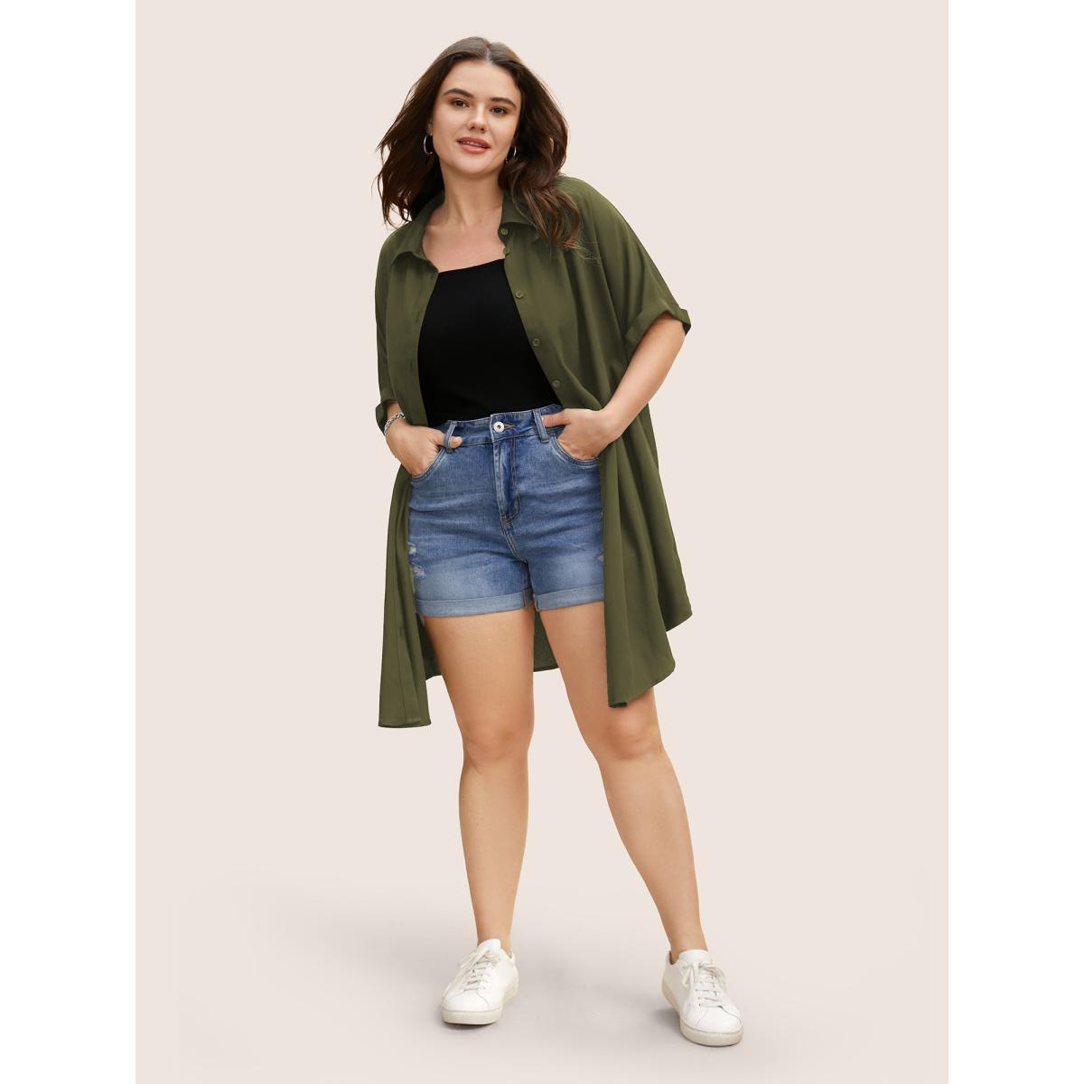 Plus Size ArmyGreen Rayon Shirt Collar Cuffed Sleeve Pocket Blouse Women Casual Short sleeve Shirt collar Everyday Blouses BloomChic 10/M Product Image
