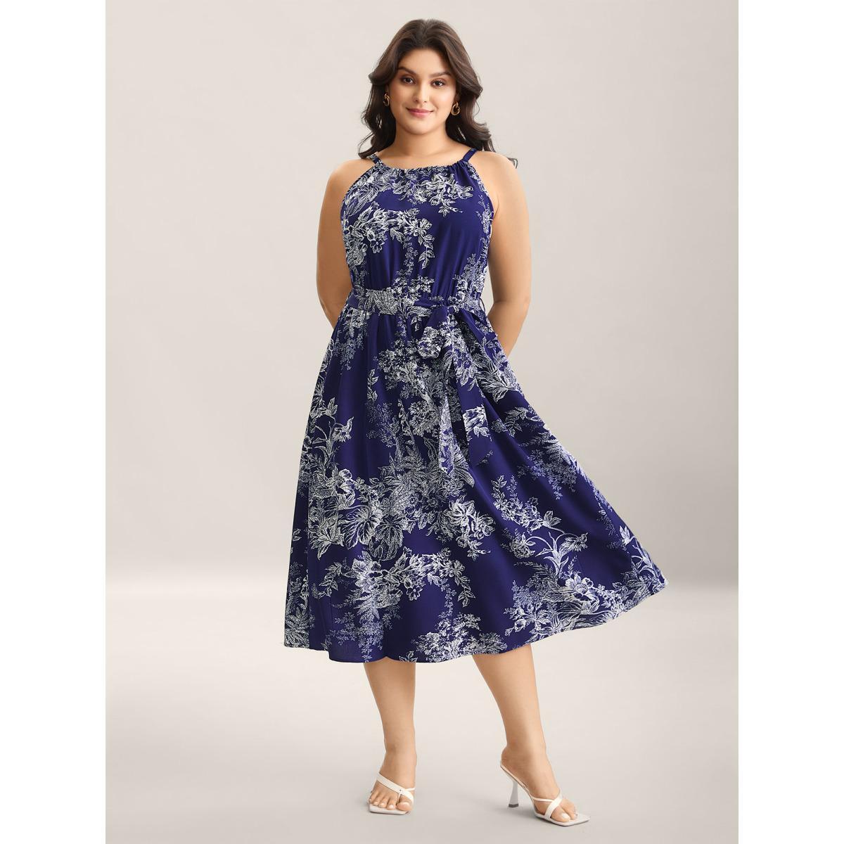 Plus Size Spring Time Florals Sleeveless Midi Dress DarkBlue Women Elegant Gathered Halter neck Sleeveless Curvy BloomChic 10/M Product Image