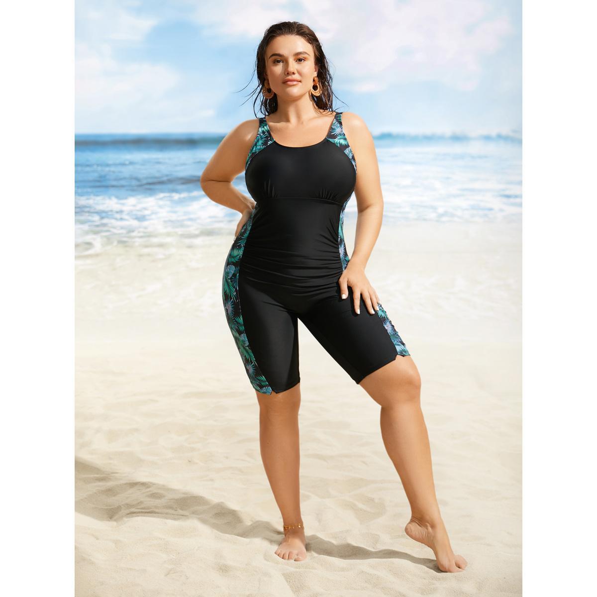 Plus Size U Neck Tropical Print Patchwork One Piece Swimsuit Women's Swimwear Black Beach Gathered Curve Bathing Suits High stretch One Pieces BloomChic 10/M Product Image