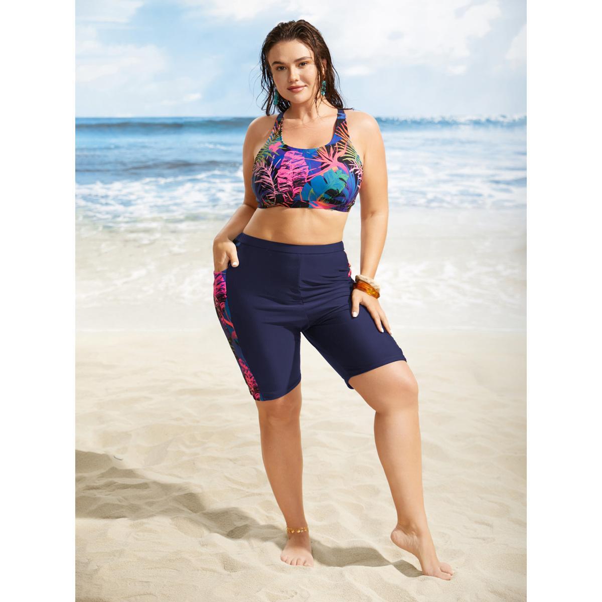 Plus Size 2-In-1 Tropical Print Back Crossover Swim Top Women's Swimwear Indigo Beach Tiered High stretch Bodycon U-neck Curve Swim Tops BloomChic 10/M Product Image