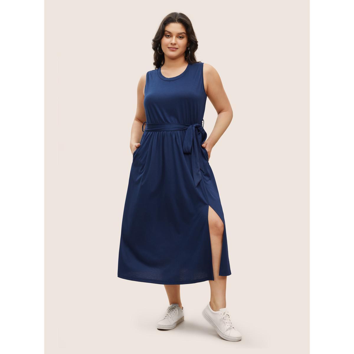 Plus Size Solid Slit Hem Sleeveless Belted Dress DarkBlue Women Casual Belted Round Neck Sleeveless Curvy BloomChic 14-16/1X Product Image