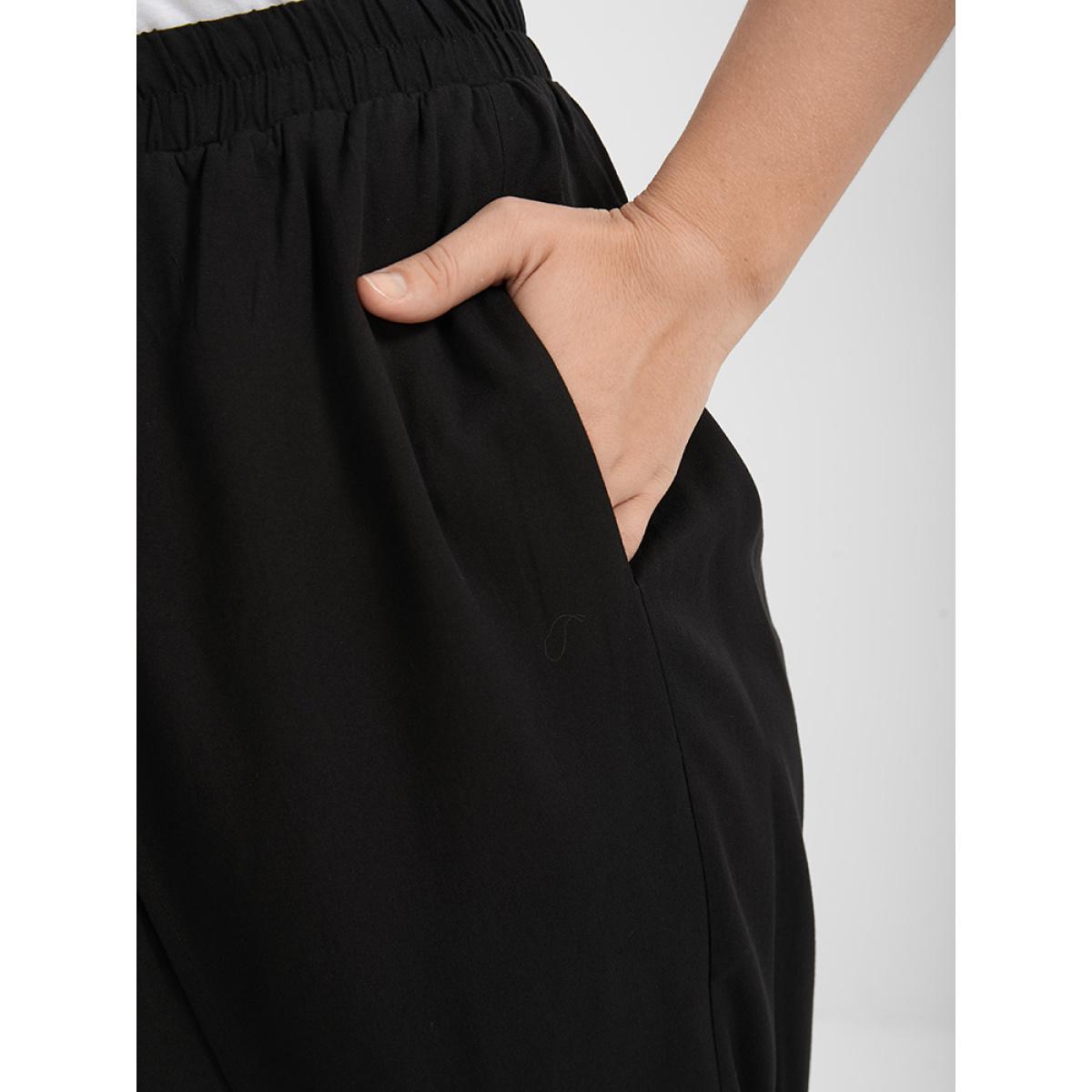 Plus Size Solid Wrap Split Pocket Knot Waist Pants Women Black Casual Wide Leg High Rise Dailywear Pants BloomChic 30/6X Product Image