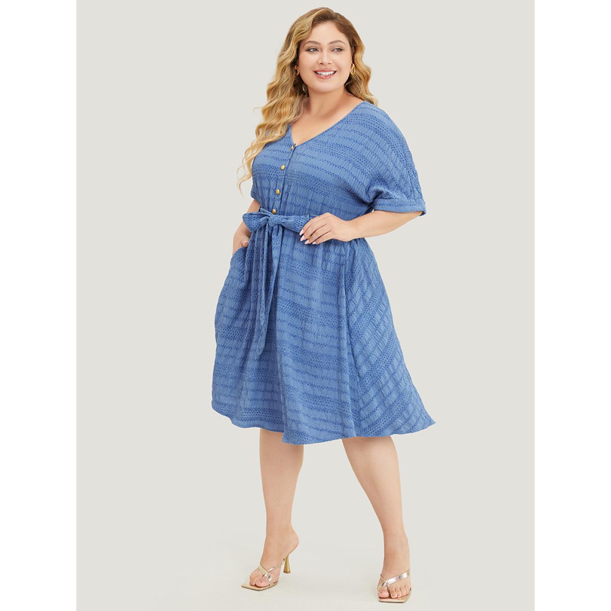 Plus Size Solid Textured Pocket Roll Batwing Sleeve Button Up Knee Dress Stone Women Office Cross straps V-neck Short sleeve Curvy Knee Dress BloomChic 22-24/3X Product Image