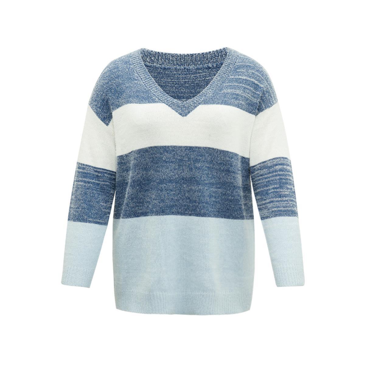Plus Size Colorblock Contrast V Neck Pullover Multicolor Women Casual Long Sleeve V-neck Dailywear Pullovers BloomChic 10/M Product Image