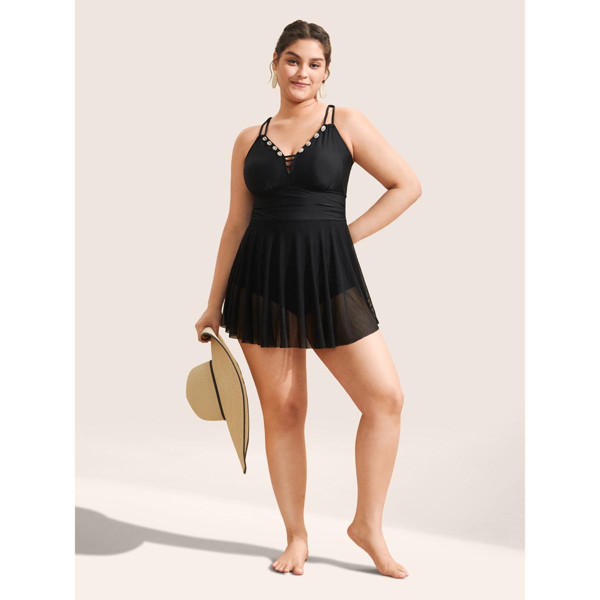 Plus Size Plain Shell Detail Cut Out Gathered Swim Dress Women's Swimwear Black Beach Bodycon V-neck No stretch Curve Swim Dresses BloomChic 12/L Product Image