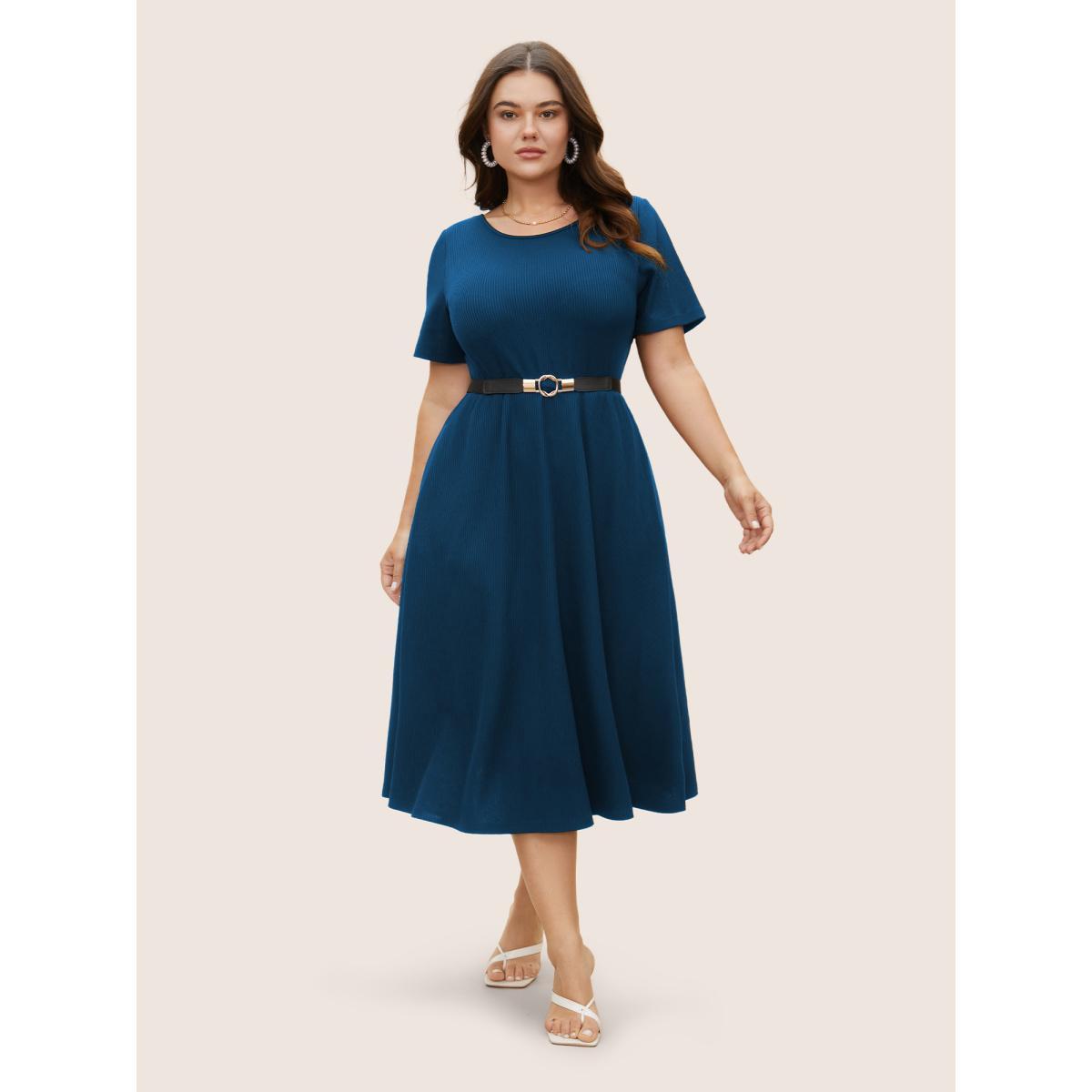 Plus Size Round Neck Contrast Back Bowknot Midi Dress DarkBlue Women Elegant Tie knot Round Neck Short sleeve Curvy BloomChic 12/L Product Image
