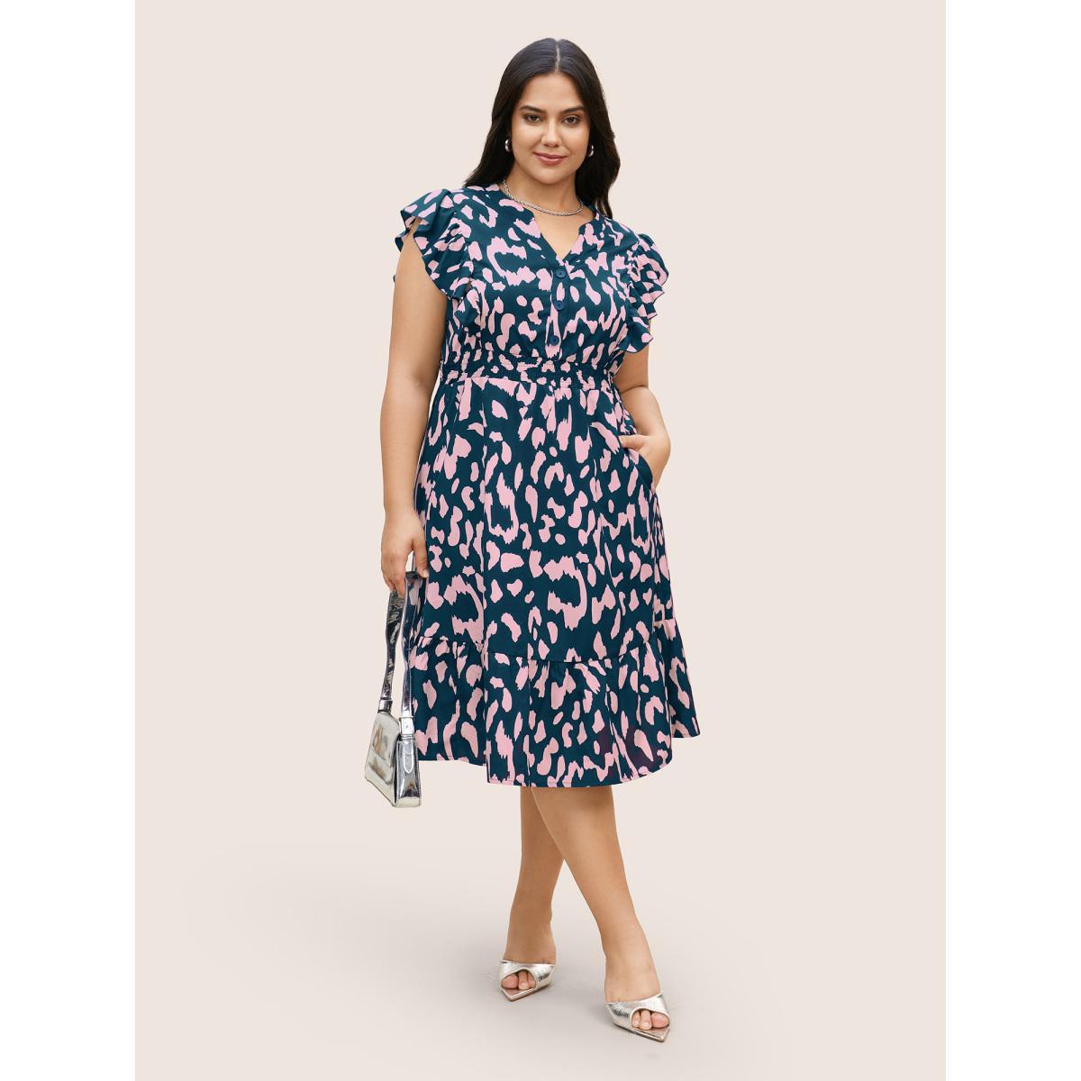 Plus Size Notched Leopard Print Cap Sleeve Ruffles Dress Aegean Women At the Office Notched collar Cap Sleeve Curvy BloomChic 18-20/2X Product Image
