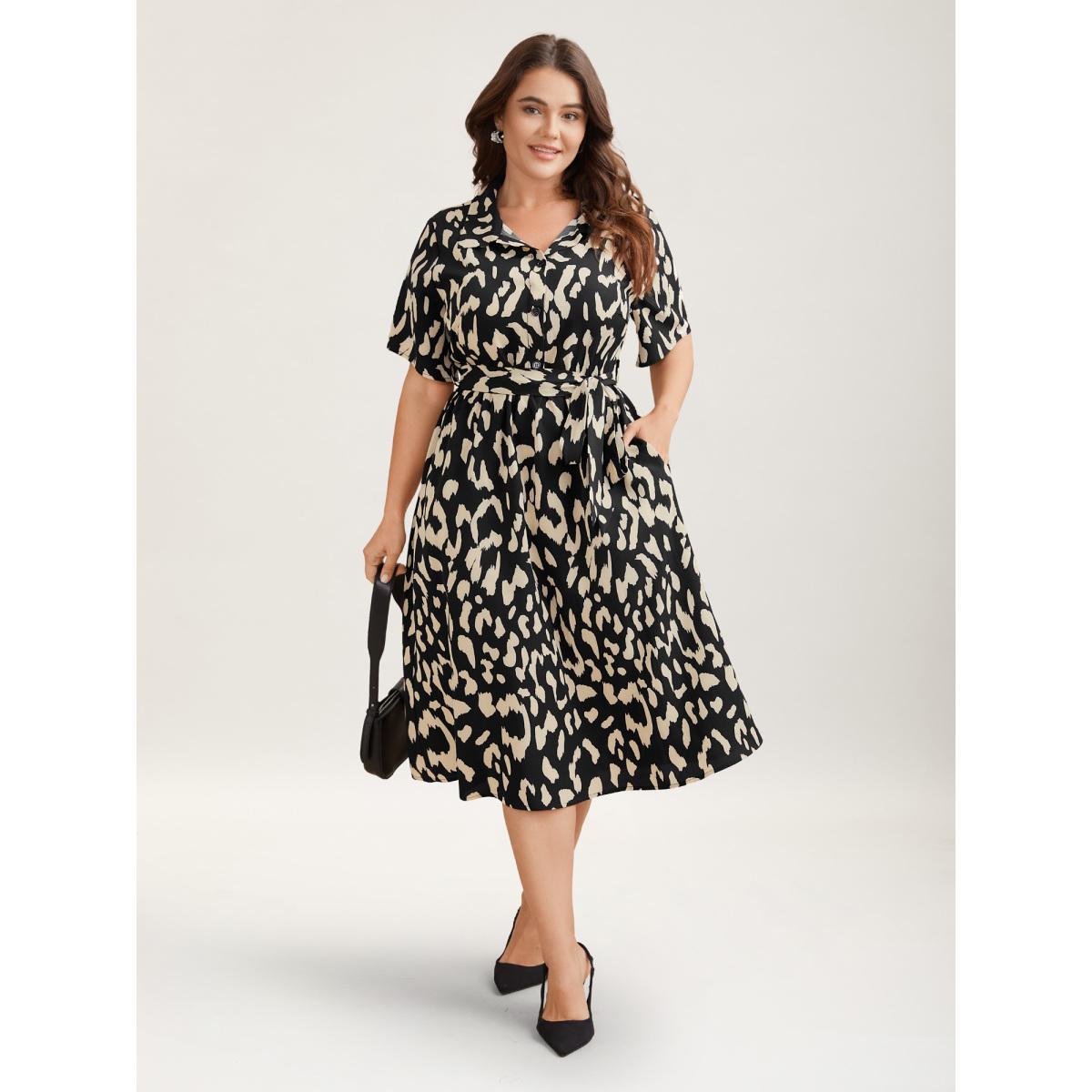 Plus Size Waist-Tie Pockets Shirt Collar Midi Dress Black Women At the Office Belted Shirt collar Short sleeve Curvy BloomChic 14-16/1X Product Image