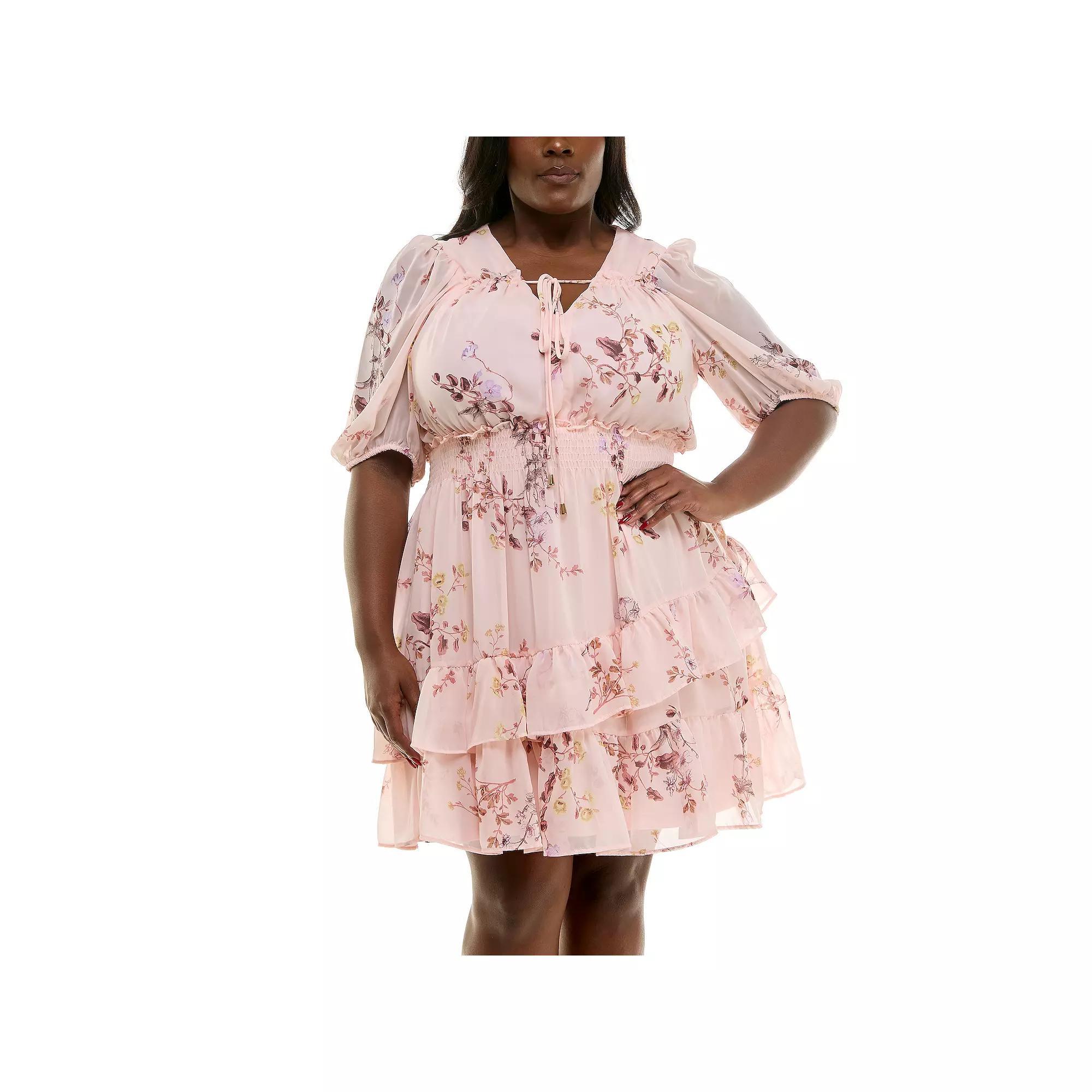 Plus Size Taylor Tiered Skirt Puff Sleeve Fit & Flare Mini Dress, Women's, Size: 14 Regular, Sand Pink Blossom Product Image