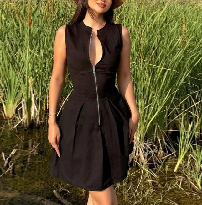 Sleeveless Plain Zip-Up Slim-Fit Mini A-Line Dress Product Image
