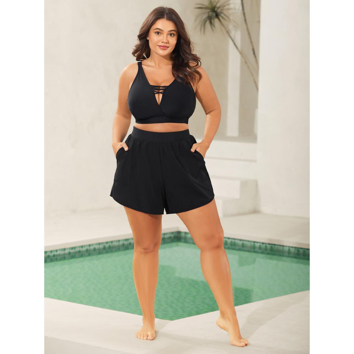 Plus Size Pleated Pockets Solid Swim Bottoms Women's Swimwear Black Beach High stretch Bodycon High Rise Patch pocket Curve Swim Bottoms BloomChic 30/6X Product Image