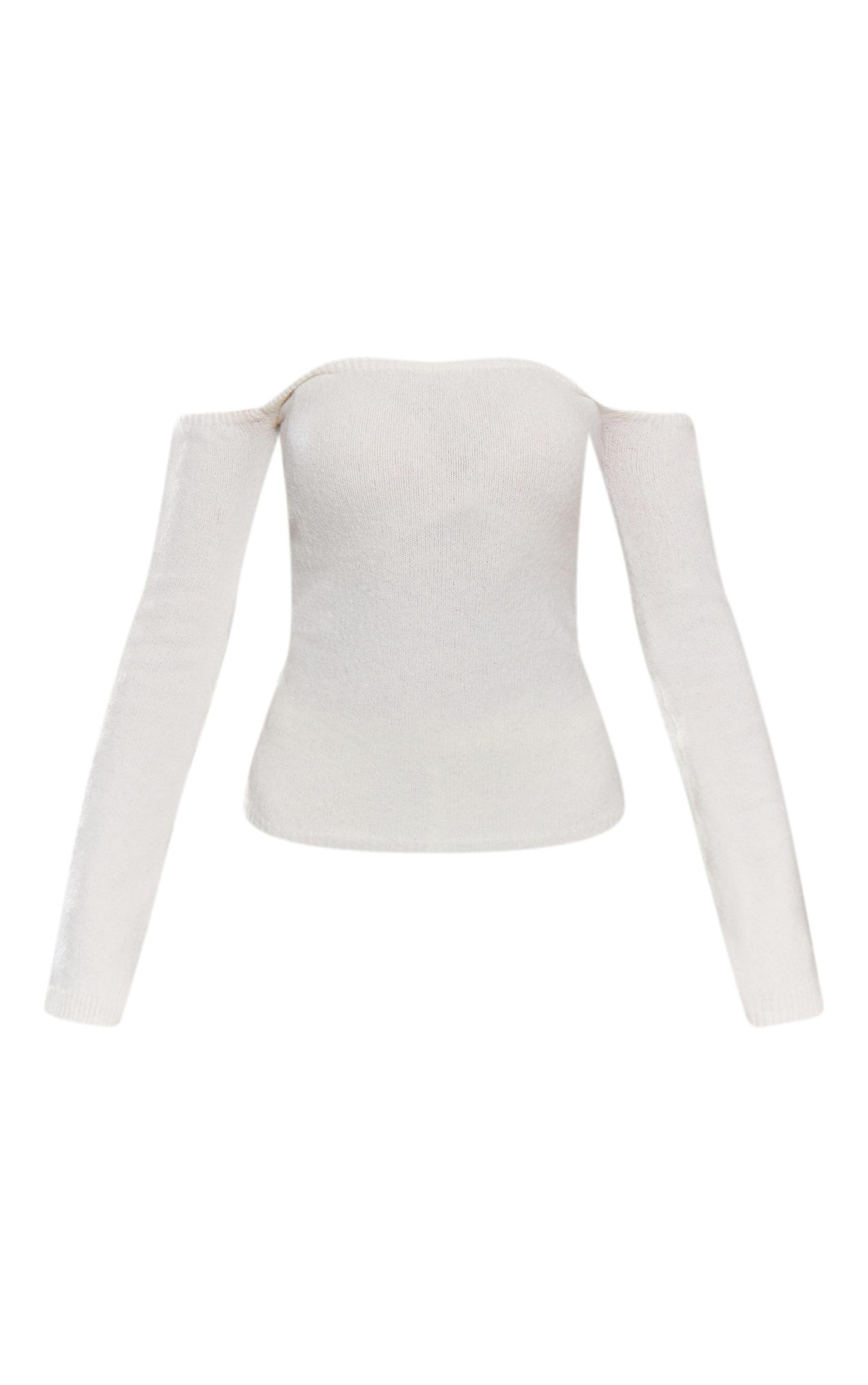 Petite Cream Knitted Long Sleeve Off The Shoulder Long Top  Product Image