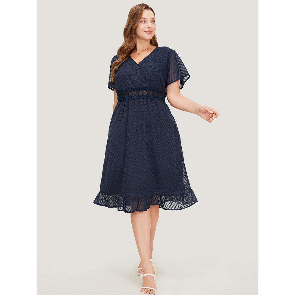 Plus Size Plain Geometric Pocket Wrap Mesh Lace Insert Ruffle Dress Indigo Women Elegant Lined V-neck Short sleeve Curvy Knee Dress BloomChic 18-20/2X Product Image